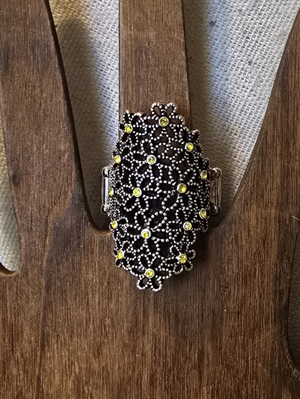 Elegant Black and Yellow Filigree Cocktail Ring -